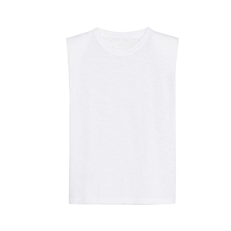 Spring and Summer New Women's Clothing Minimalist round Neck Cotton with Padded Shoulder Washing Effect Sleeveless T-shirt Top 0858203