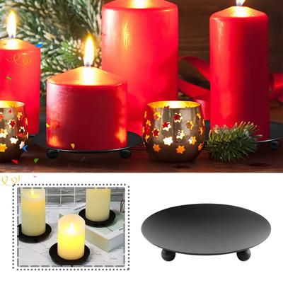 Black Iron Plate Candle Holder, Decorative Iron Pillar Candle Plate, Pedestal Candle Stand For LED & Wax Candles, Incense Cones, Spa, Weddings