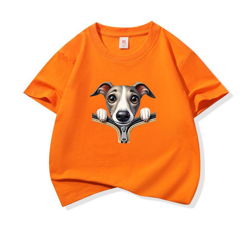 Kids Cotton T Shirt Adorable Whippet Dog Zipper Print Crew Neck Short Sleeve Tee Casual Breathable Boys Girls Summer Tops