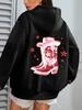 Western Cowboy Boot Print Hoodie Women Casual Hooded Sweatshirt with Pockets, Slight Stretch Fabric, Pullovers Fall/Winter