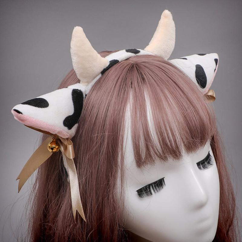 Cow Ears Horns Headband Bowknot Ribbon Bells Headwear Elastic Hair Hoop for Party Animal Cosplay Costume Accessories
