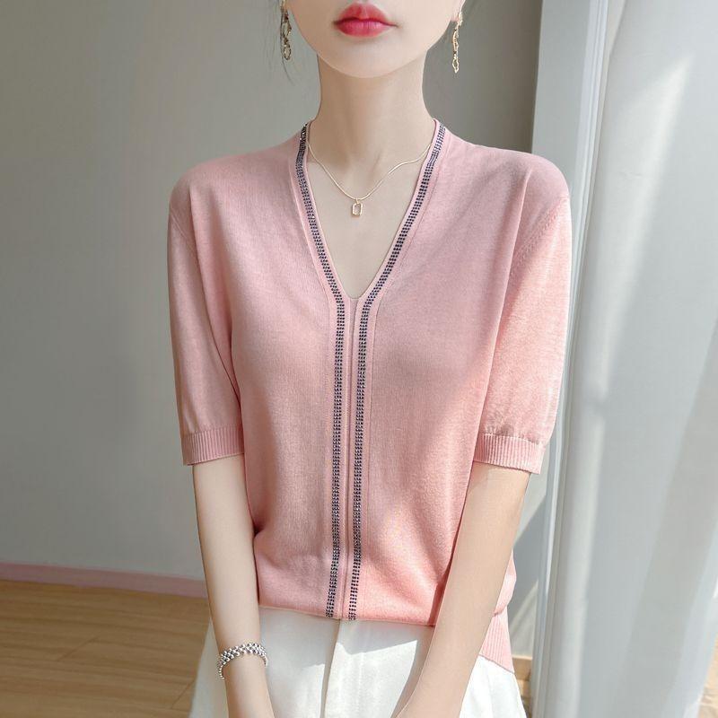 Summer Women's Silk Knit Sweater Short Sleeve V-neck Diamond Knitted Sweater Loose Knit  T Shirt Top