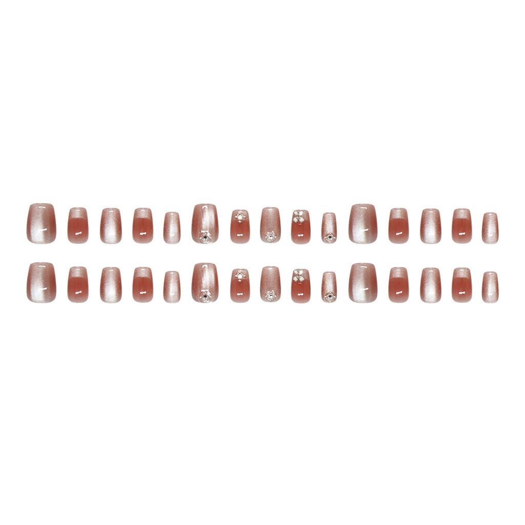 24 Pieces Cat's Eye French Girl Blush Shine Pile Diamond Sweet Flower Temperament Fashion Style Removable Nail Art 30 Pieces