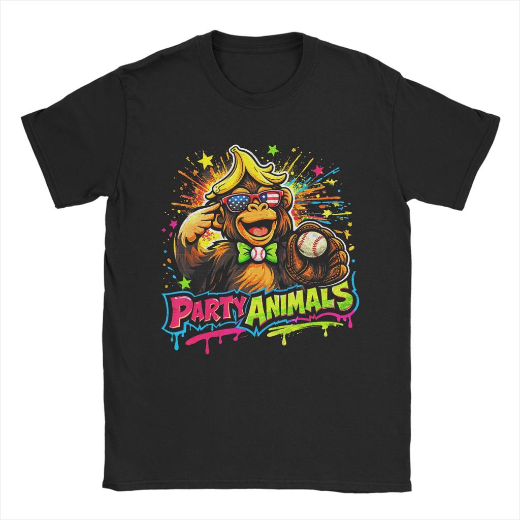 Party Animals Baseball Monkey T Shirt Unisex Pure Cotton Vintage TShirt Crewneck Tees Short Sleeve Clothing Big Size
