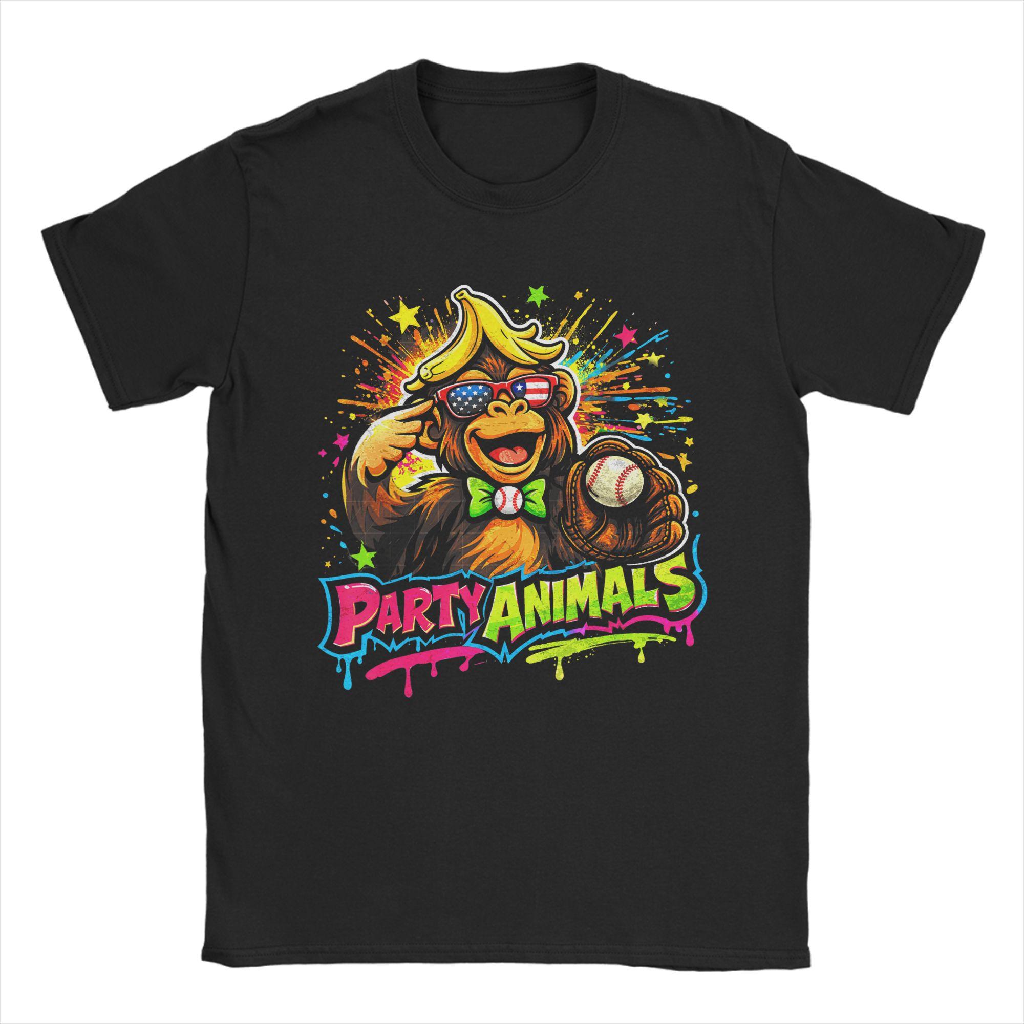 Party Animals Baseball Retro Monkey Sunglasses Unisex T Shirt Funny Tee Shirt Short Sleeve Crew Neck TShirts Cotton Gift Idea Tops S
