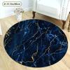 Plush Blue Gold Round Mat, Comfortable Low Pile Carpet, Abstract Artistic Design for Living Room, Washable Non-Slip Decor