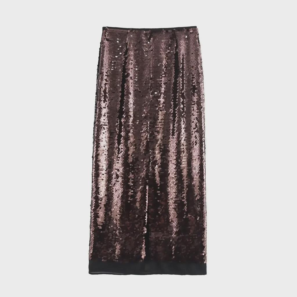 Women's Autumn High-Waist Sequined Midi Skirt