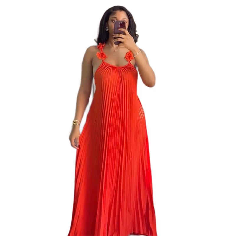 European and American summer new sweet and fresh suspender backless pleated dress long dress