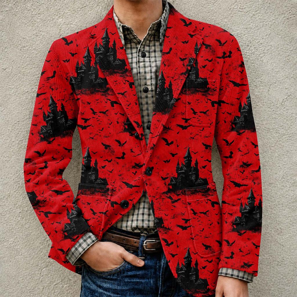 Men's Halloween Printed Corduroy Warm Pocket Blazer Jacket Casual Suit Coat Button Front Long Sleeve Outerwear