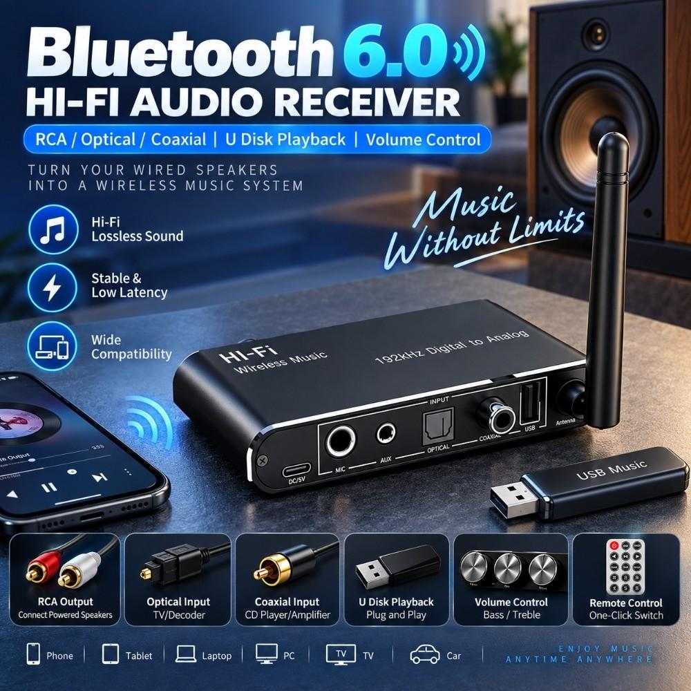 USB Playback Bluetooth Audio Receiver Bluetooth 6.0 Wireless Music Converter TV Audio