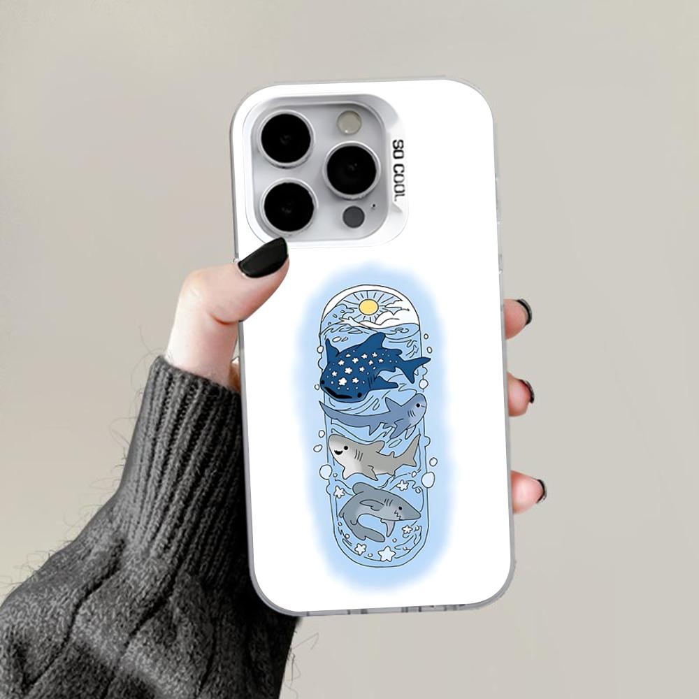 Cute Cartoon Blue Shark Phone Case For iPhone 16,15,14,13,12,11,Pro,Max,Plus,Mini,XS,SE Anti Fall Gray White Matte Hard Bumper