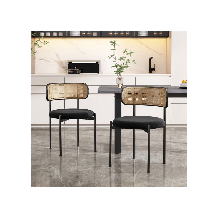 Chaise de salle à manger - MUVOE - Velours noir - Lot de 2 - Dossier en rotin - Pieds en métal