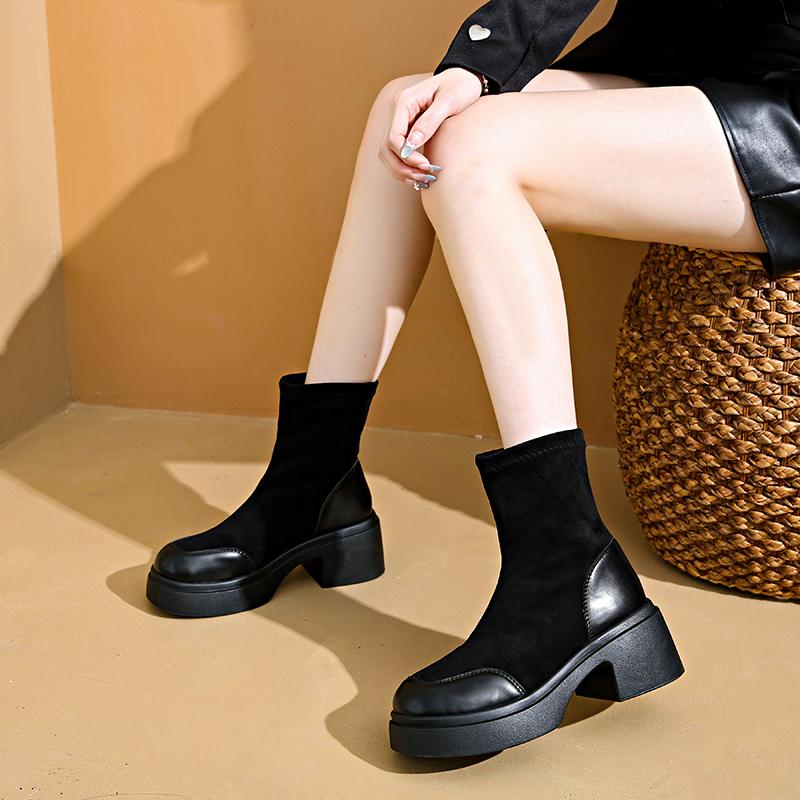 Fashion Fashion Simple Platform Heightened Short Boots Women's Autumn and Winter New Round Toe Sleeve Block Heel Socks Boots