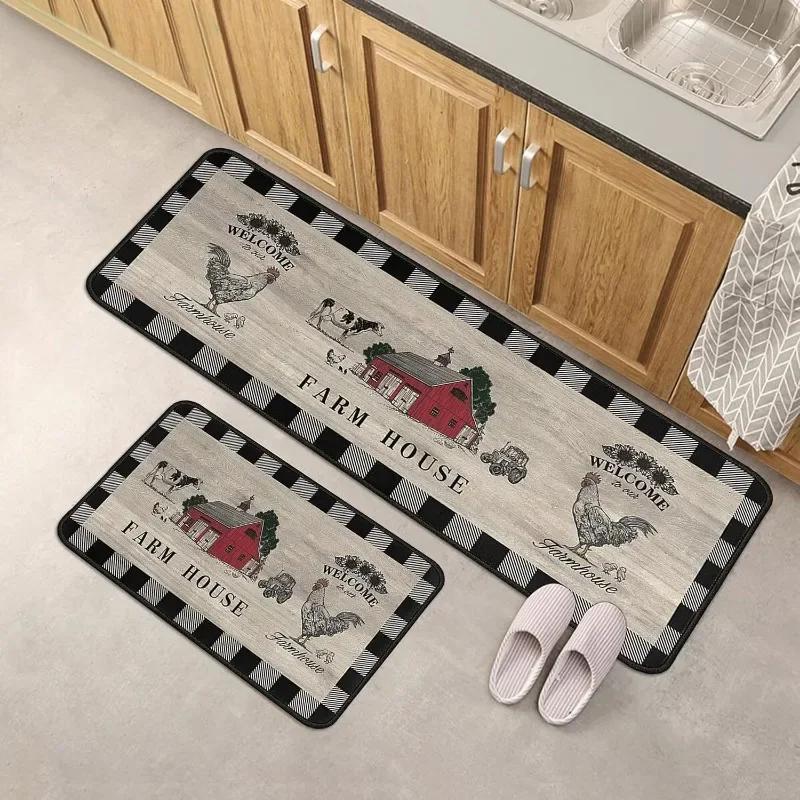 Hot Rooster Print Kitchen Mat Farmhouse Laundry Rug Carpet for Living Room Decor Lounge Area Nonslip Floor Mat Entrance Doormat