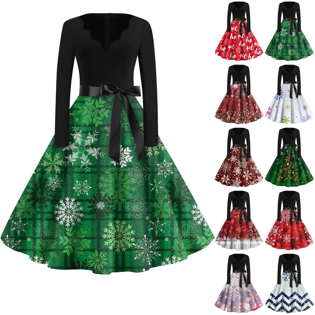 Dámské módní neformální štíhlé vánoční potištěné šaty s dlouhým rukávem s výstřihem do V