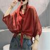 Women's Fashion Sunscreen Clothing 2024 Summer New Thin Blouses Loose Solid All-match Polo Neck Button Bandage 3/4 Sleeve Shirts