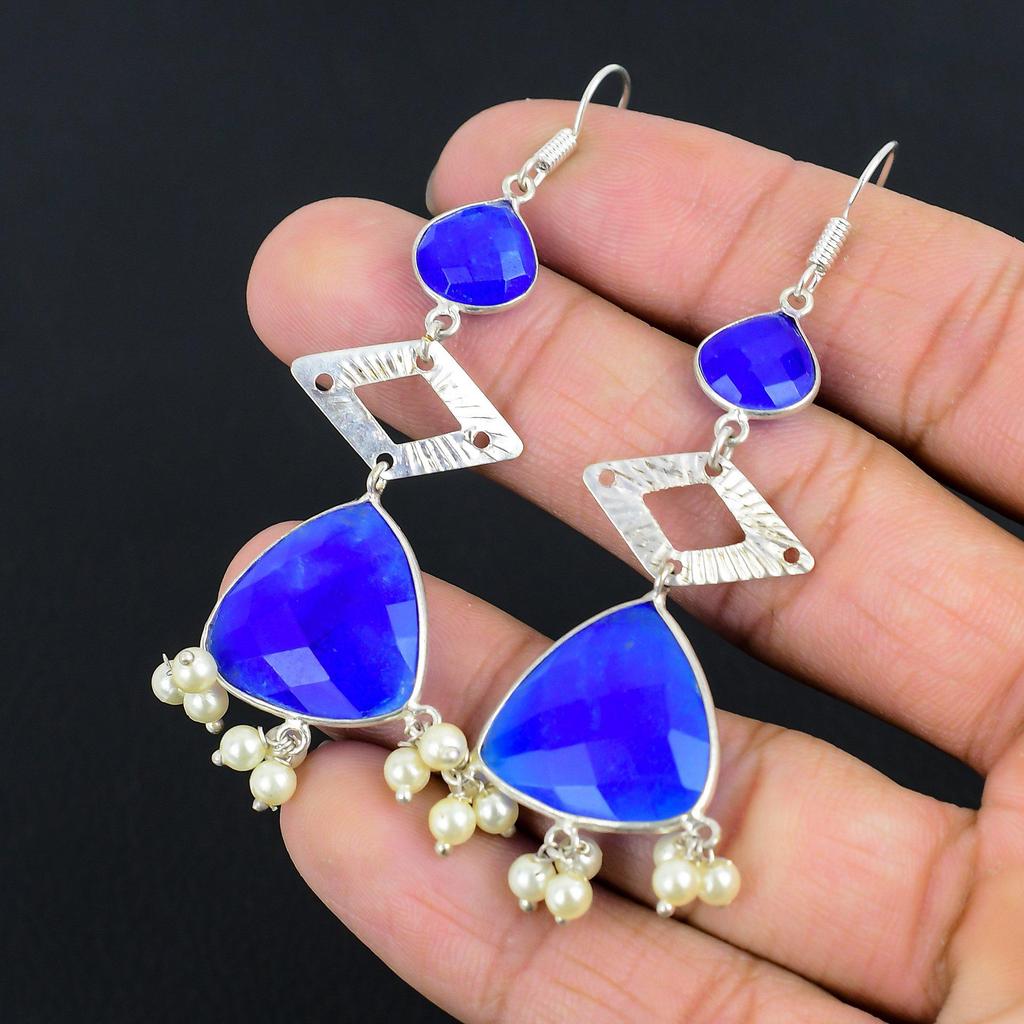925 Sterling Silver Blue Sapphire Stone Handcrafted New Dangle Daughter Earrings