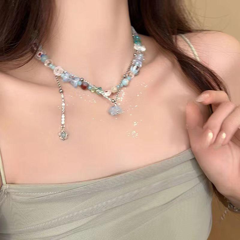 Colored Candy Beaded Necklace Girl Sweet Girl Pink Star Love Pendant Collarbone Chain