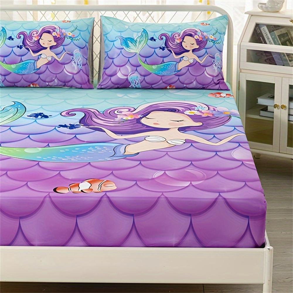 3pcs Cute Mermaid Ocean Printed Fitted Sheet, Soft Comfortable Bedding Set, For Bedroom, Guest Room 1*Fitted Sheet+2*Pillowcase