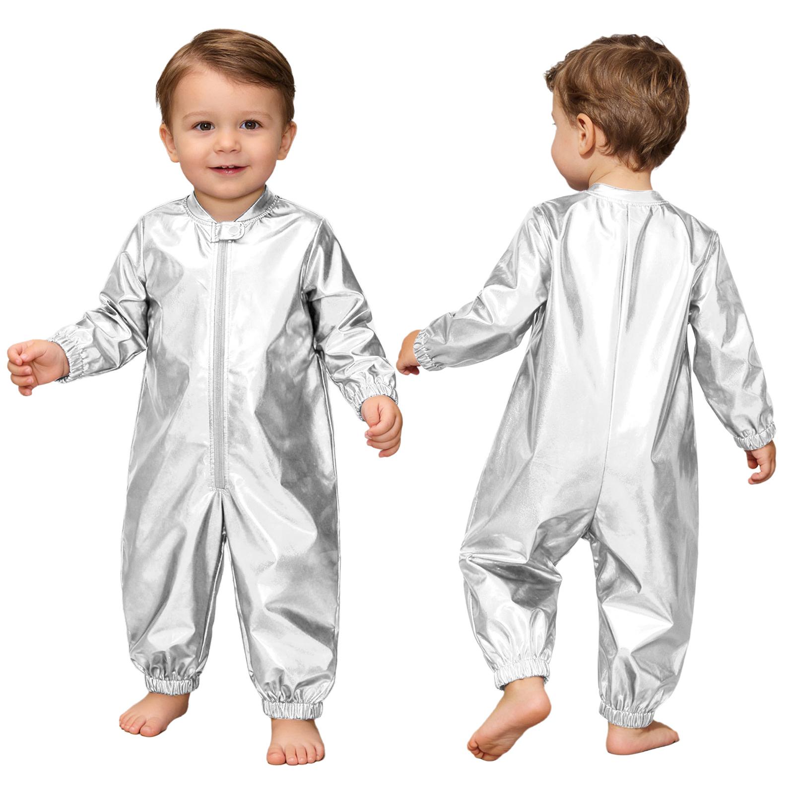

Toddler Metallic Romper for Birthday Photography: Shiny Front Zipper Jumpsuit, Round Neck Long Sleeve Theme Party Outfit 0-3Months срібний