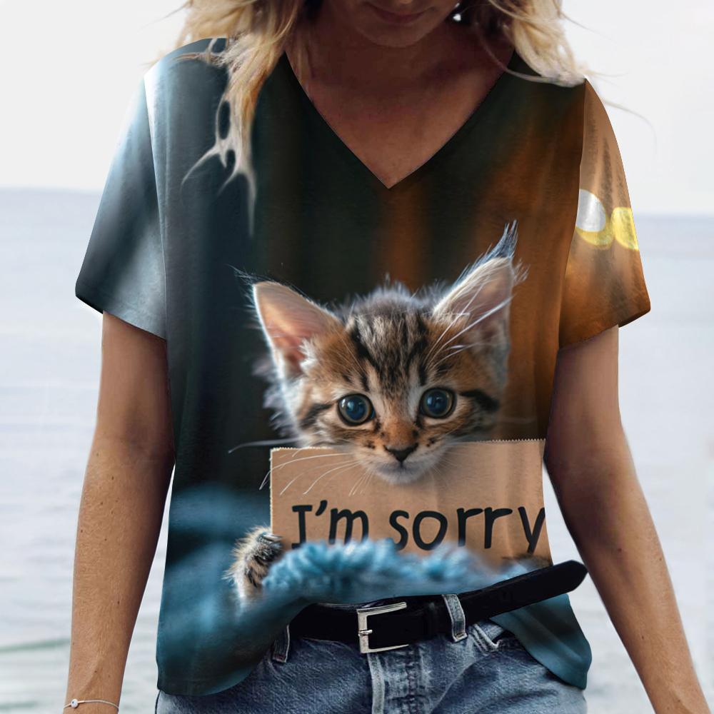 Summer Funny Cat Sorry 3D Print T-shirt Women Streetwear Casual T Shirts Y2k Tops Woman Harajuku V-Neck Tees Oversized Clothing