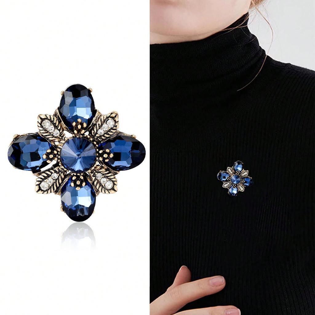 Retro Cross-border European and American Texture Sparkling Diamond Crystal Glass Brooches, Chest Flower, Personalized Women's Coat Brooch