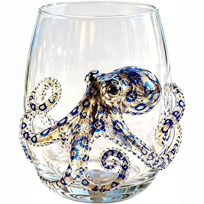 3D Artisanal Blue Ringed Octopus Glassware Handcrafted Marine Animal Bar Glass for Coastal Home Decor Ocean Lovers