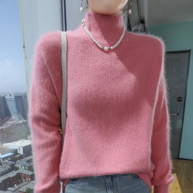 2024 Autumn/Winter Cashmere Mink Velvet Sweater - Half-High Collar, Solid Color, Thick Knit Base Layer.