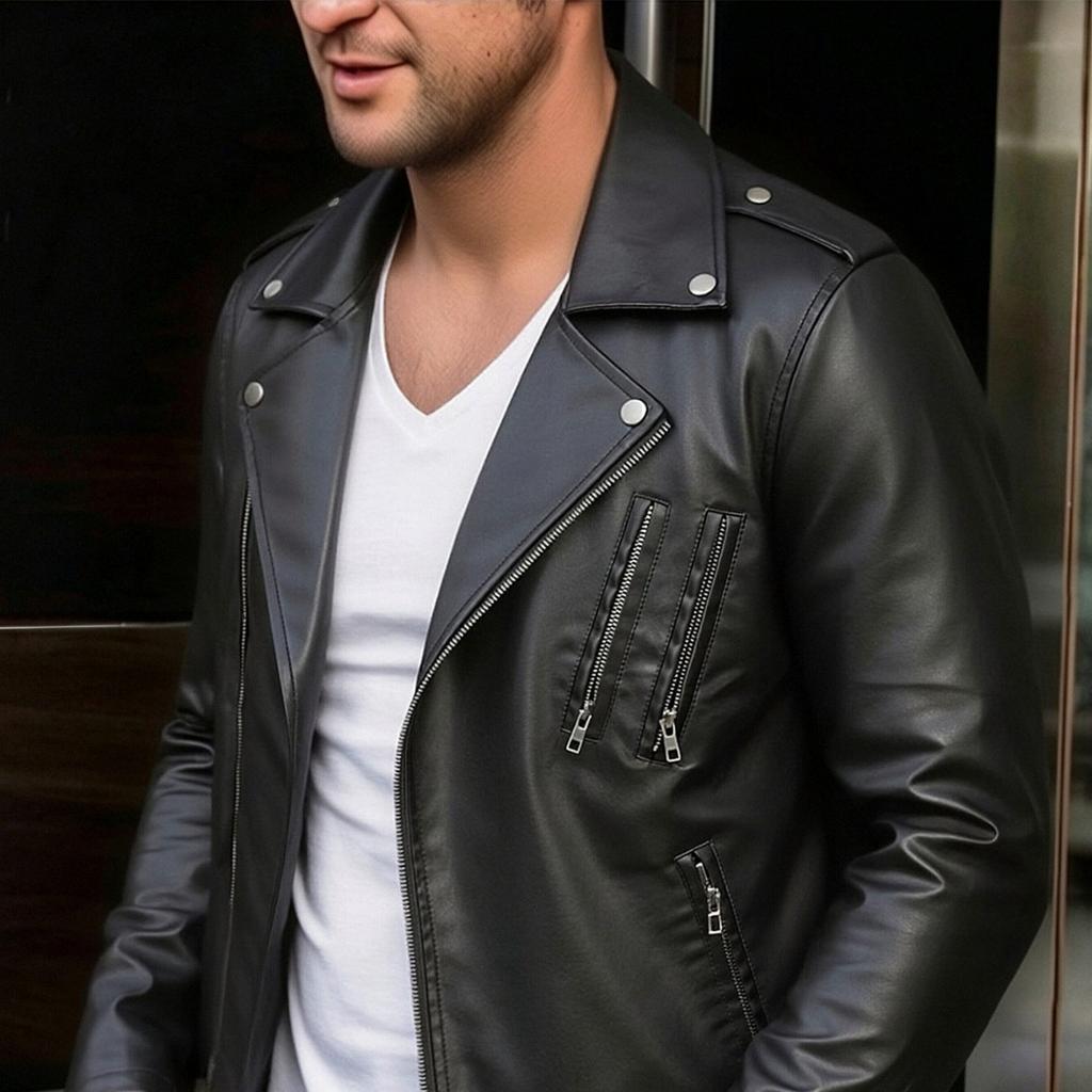 Autumn and summer new men's PU leather jacket locomotive jacket lapel multi-zipper slim jacket