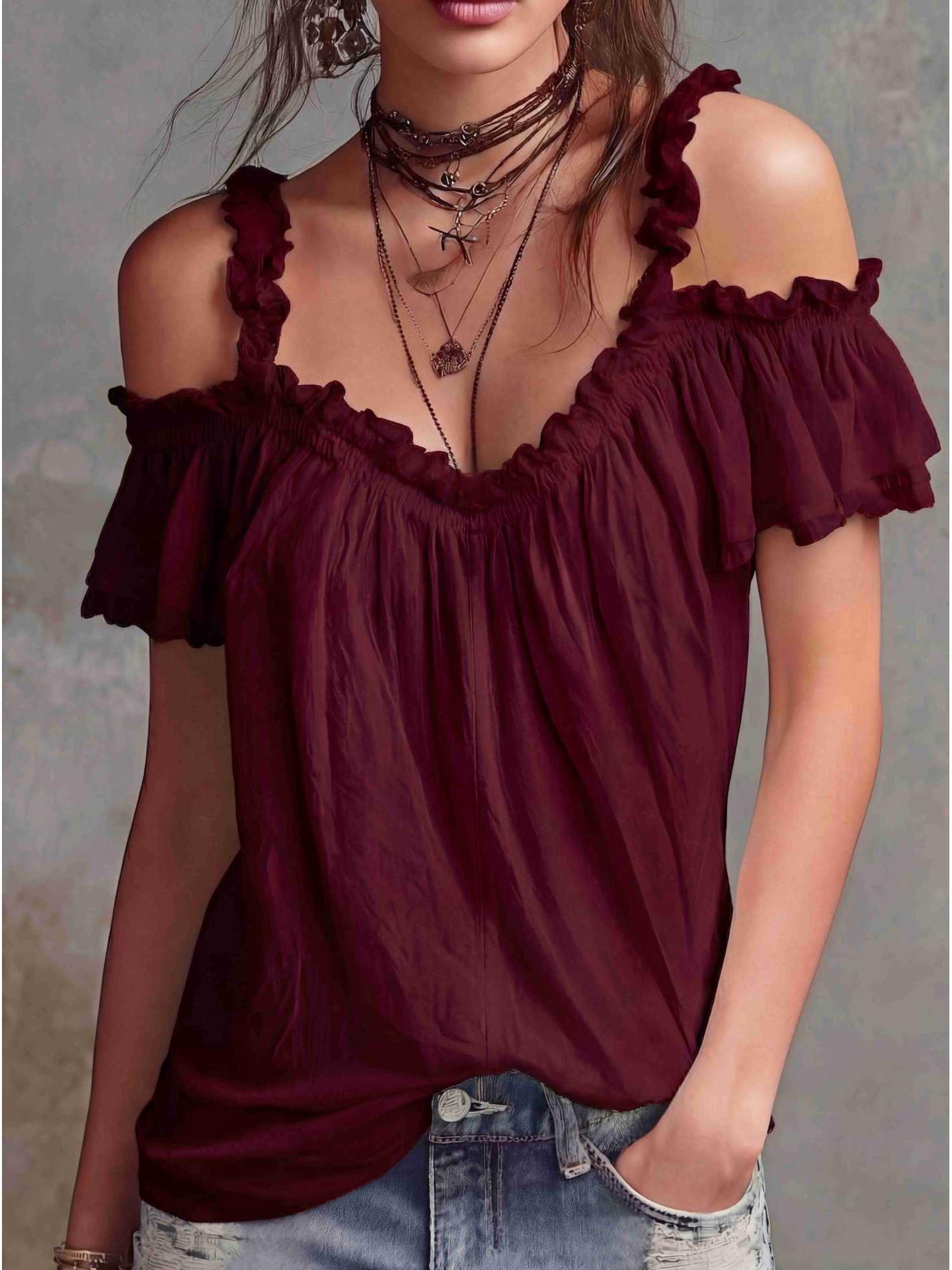 2026 European Spring/Summer Women s Cotton Linen Ruffle Collar Casual Camisole Top L бордовый