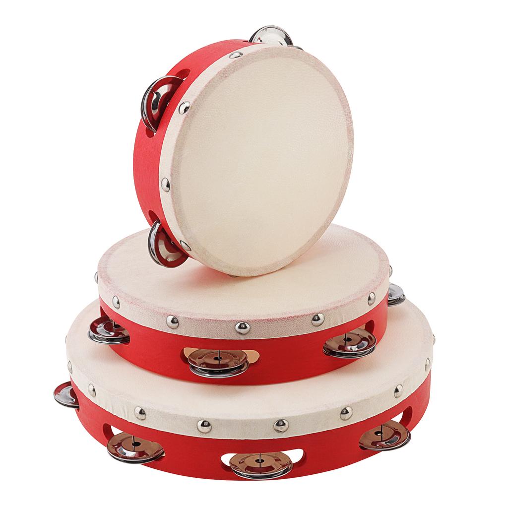 6 / 8 / 10 Inch Sheepskin Drumhead Wood Tambourine For Church Party KTV Wedding, Single Row Jingle Bells Red Hand Drum