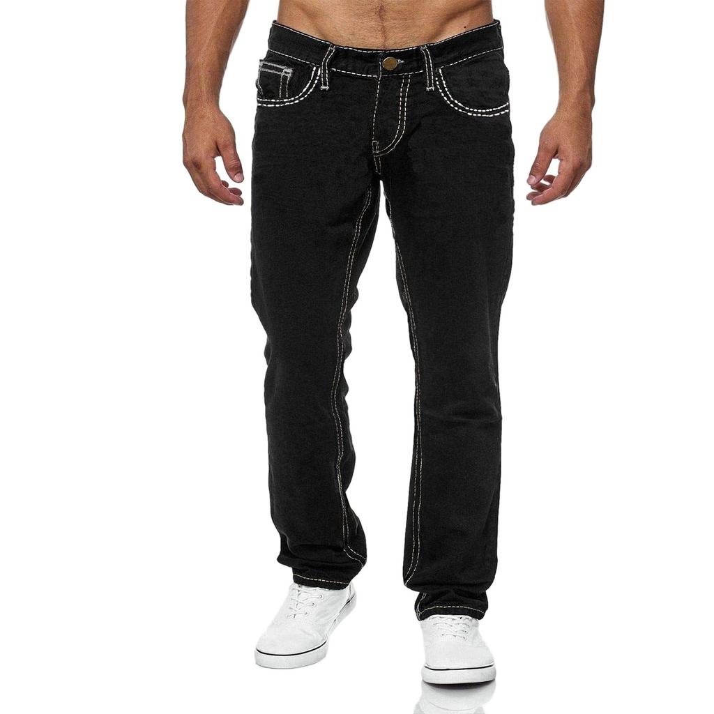 Men's Casual Small Straight Jeans Pants Fashion Wide Leg Pants Solid Color Jeans