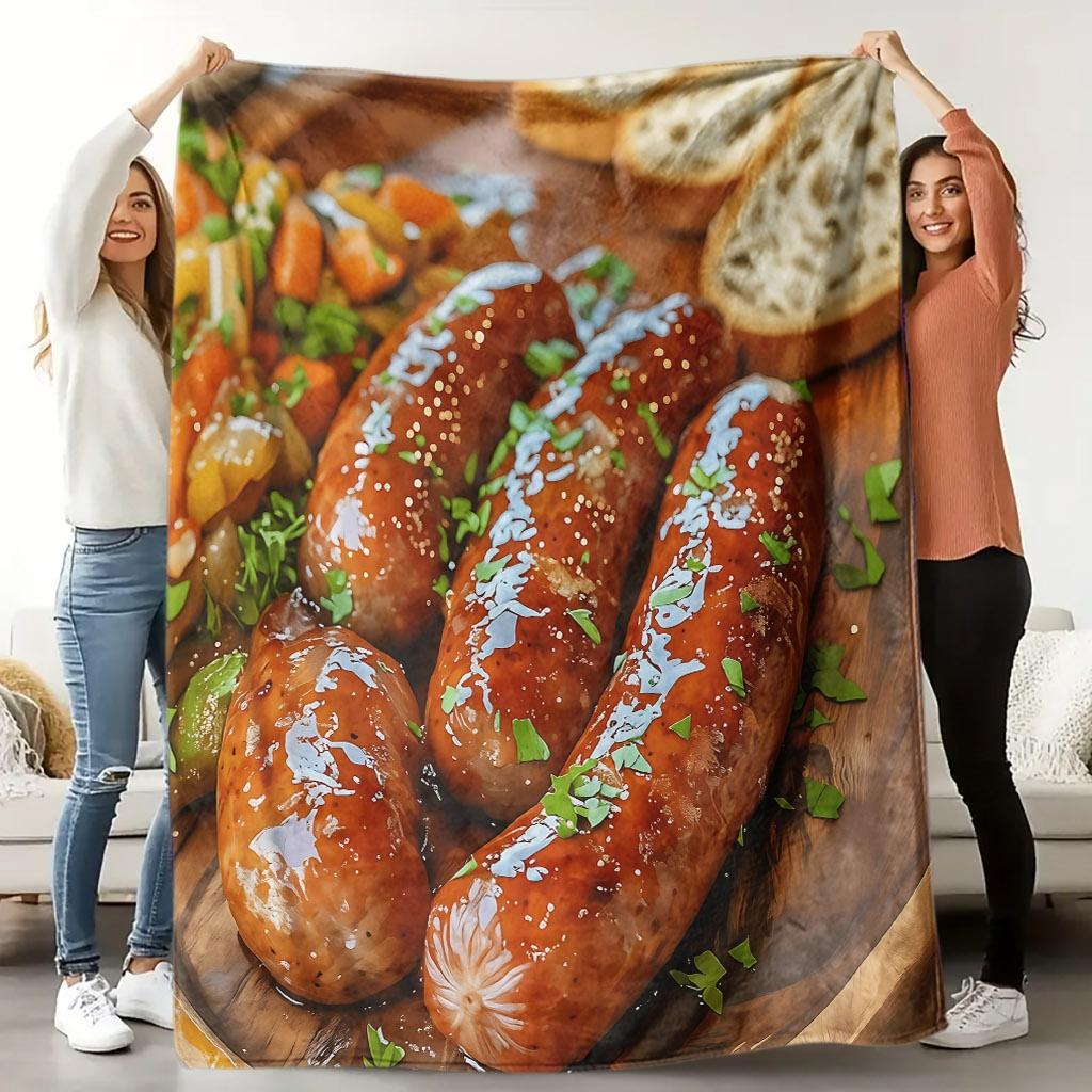 Sausage and Vegetable Pattern Throw Blanket - Creative Food Motif Soft Lightweight Accent for Sofa Bed Travel Office Gift