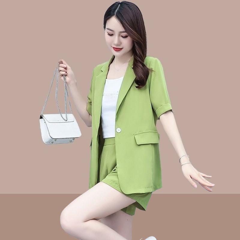 Summer Casual Short Sleeved Blazrs Jacket Matching Set Women's Fashion Professional Suit Coat Shorts Two-piece