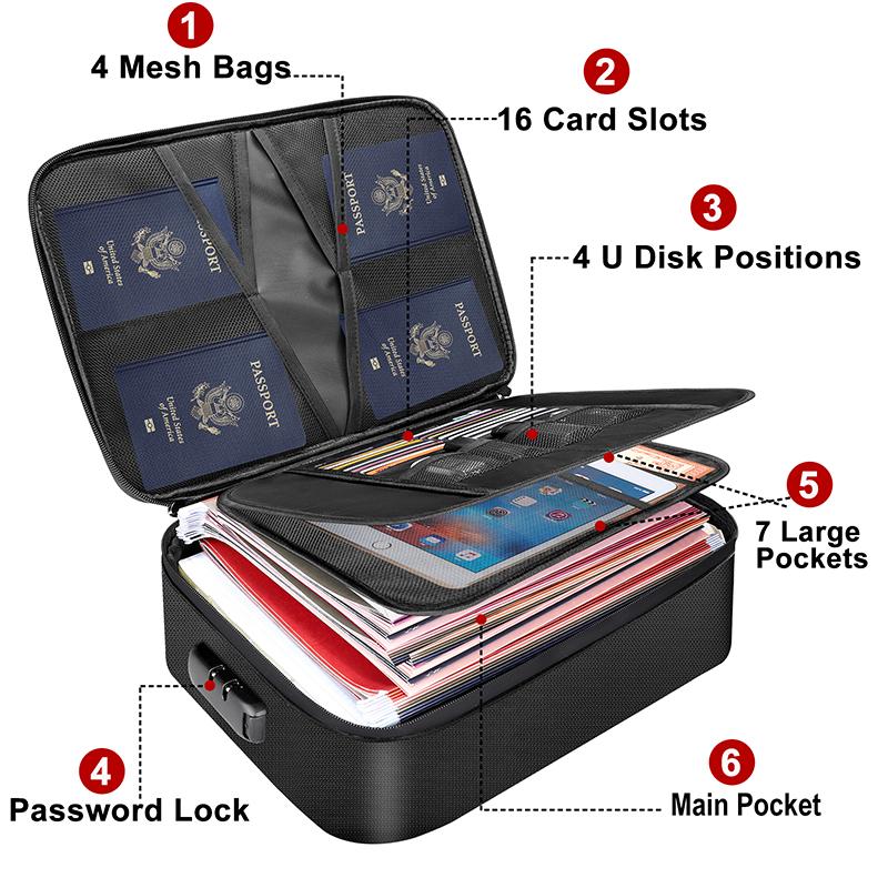 Fireproof Family Travel Passport Certificate Document Storage Organizer Bag Multi-Layer Portable File Storage with Lock