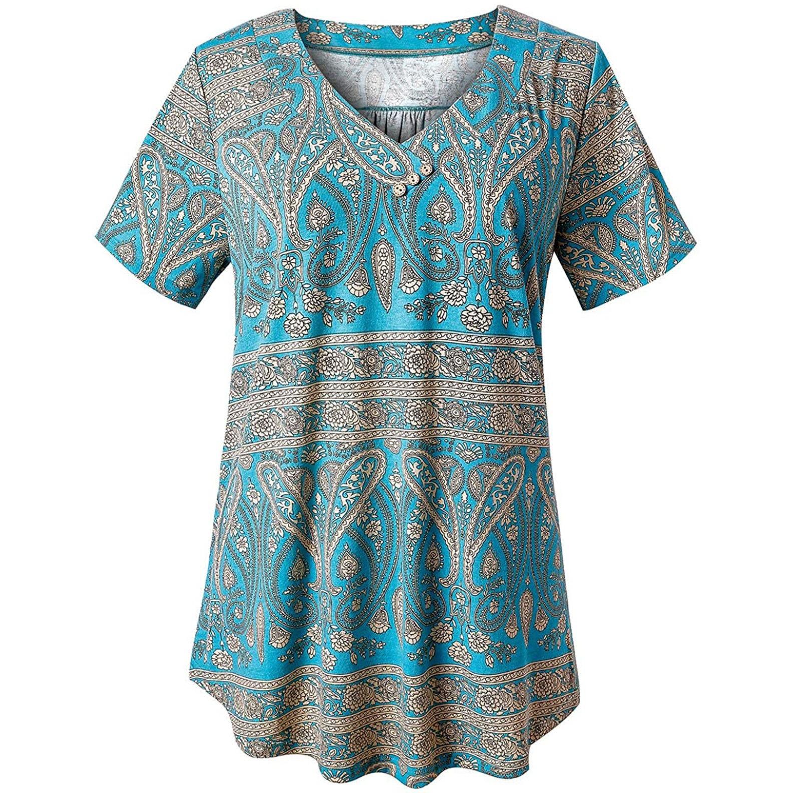 

Fashion Ladies Print V-Neck Short Sleeve Top Pullover Loose T-Shirt M синий