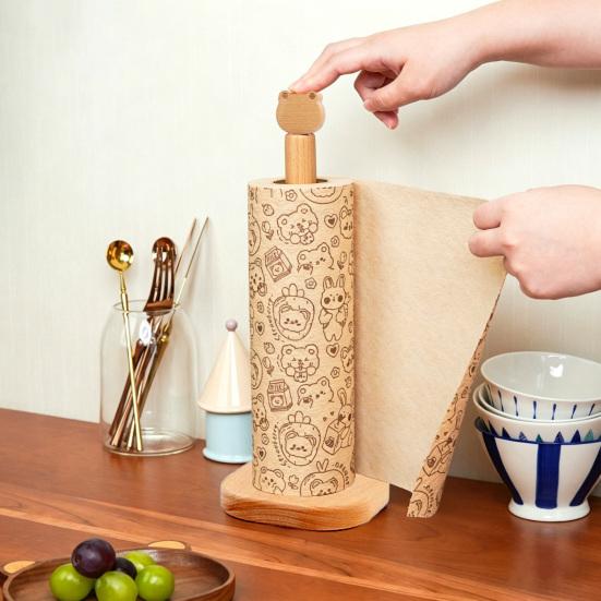 Paper Towel Holder Removable Shaft Kitchen Roll Organizer Durable Wood Non-Slip Base Multi-Use Shelf for Bathroom Kitchen