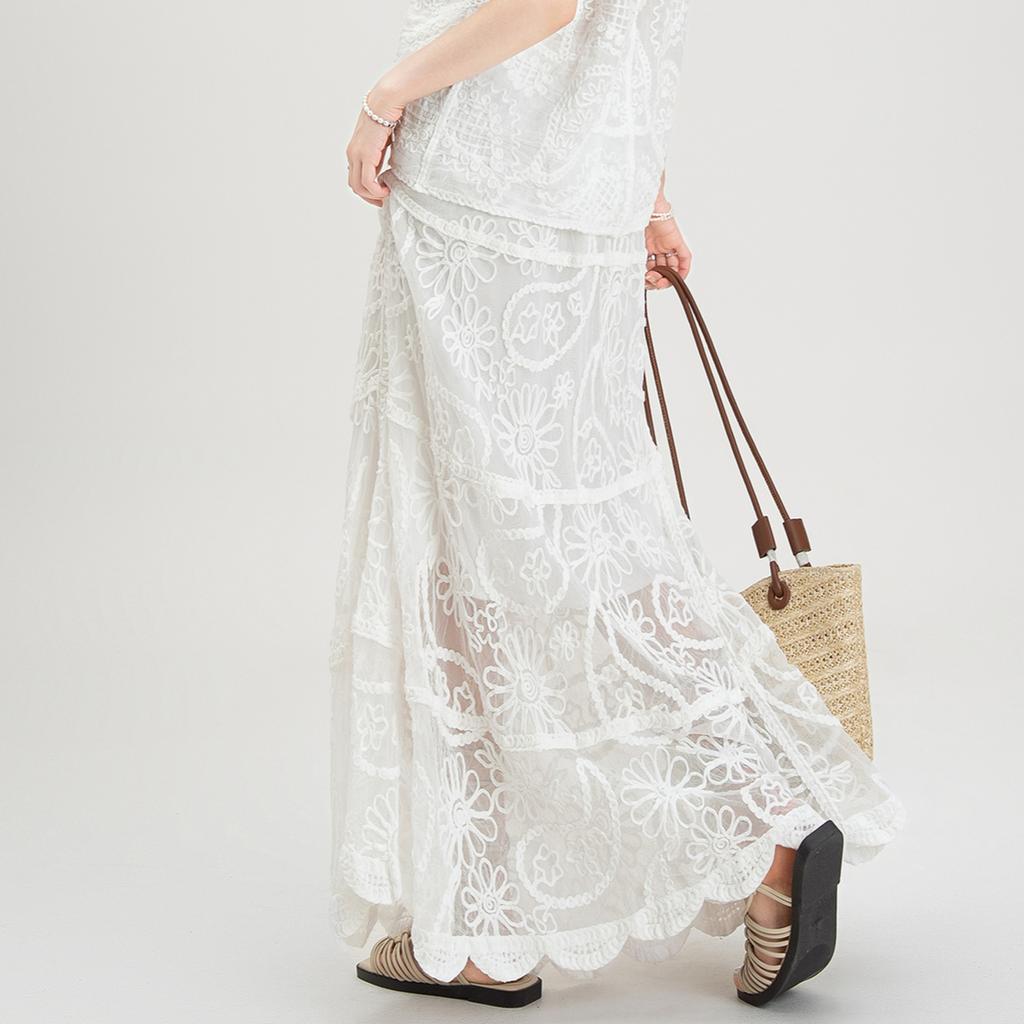 Dimanaf 2025 New Holiday Skirt Women Knitting Lace Long Solid Hollow Out Sexy Hollow Summer Style Basic Dress