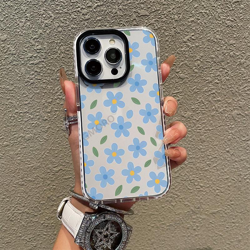 A full-screen light blue floral phone case, iPhone 17 Gentle Style, Apple 16 Pro with a large punch-hole transparent case