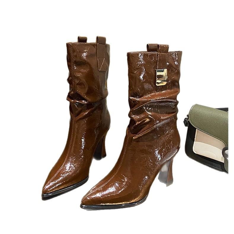 8cm spitze High-Heel Kurzstiefel Damen Herbst und Winter neu dicke Absätze Plateau-Stiefel ohne Reißverschluss Lackleder Temperament vielseitig fash