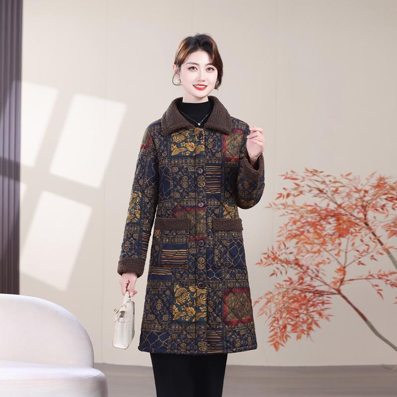Mom's Thickened Mid-Length Winter Cotton Jacket with Fleece Lining, Plus Size, Warm Coat for Elderly Women