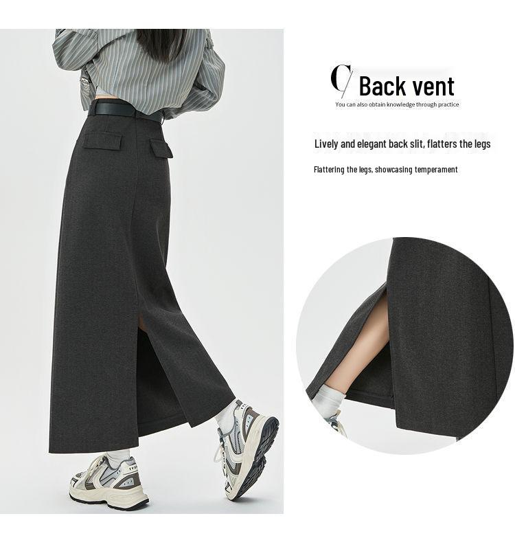 Women's High-Waist Woolen Midi Skirt - Slimming Bodycon with Slit for Autumn/Winter