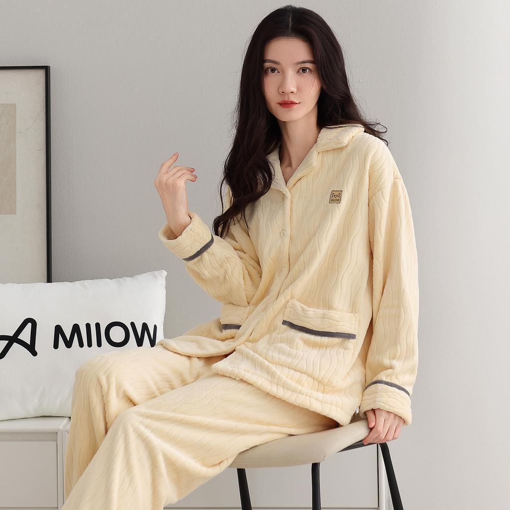 Pajamas Women'S Autumn And Winter Flannel Thickened Fleece Warm Coral Fleece Autumn And Winter Loungewear Set