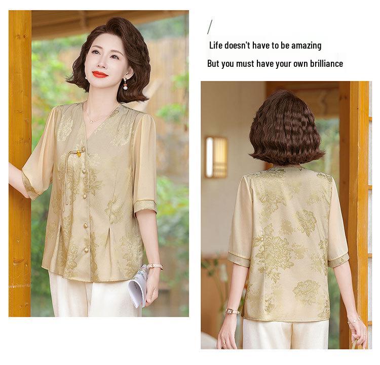 Elegante Top in Seta per Donne Petite di Mezza Età - Stile Cinese, Camicia Estiva a Maniche Corte in Seta di Gelso