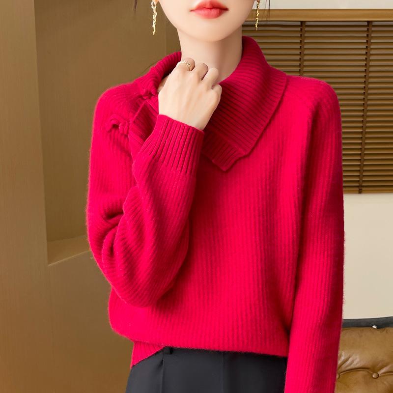 Women's Retro Chinese Lapel Wool Sweater with Frog Buttons