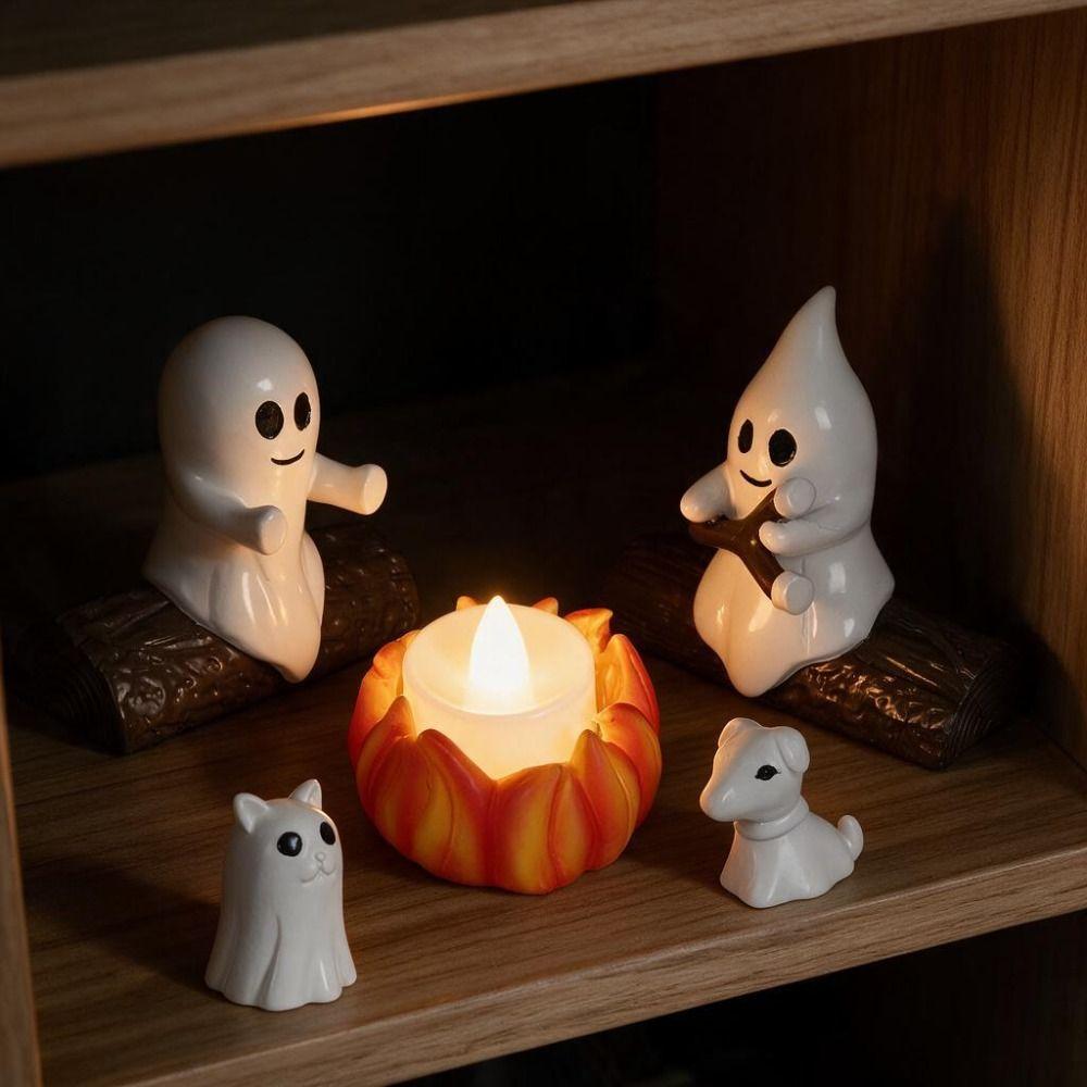 5PCS Resin Ghost Bonfire Ornament Set LED Candle Ghost Campfire Flickering Ornament Desktop
