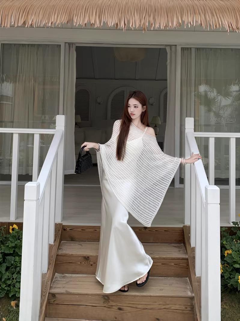 

Women s French-Style One-Shoulder Knit Cardigan & Satin White Camisole Dress Set Extra Large