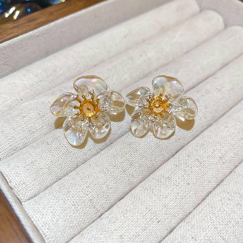 Zircon Resin Flower Earrings Fashion Stud Earrings Light Luxury Premium Versatile Earrings Women