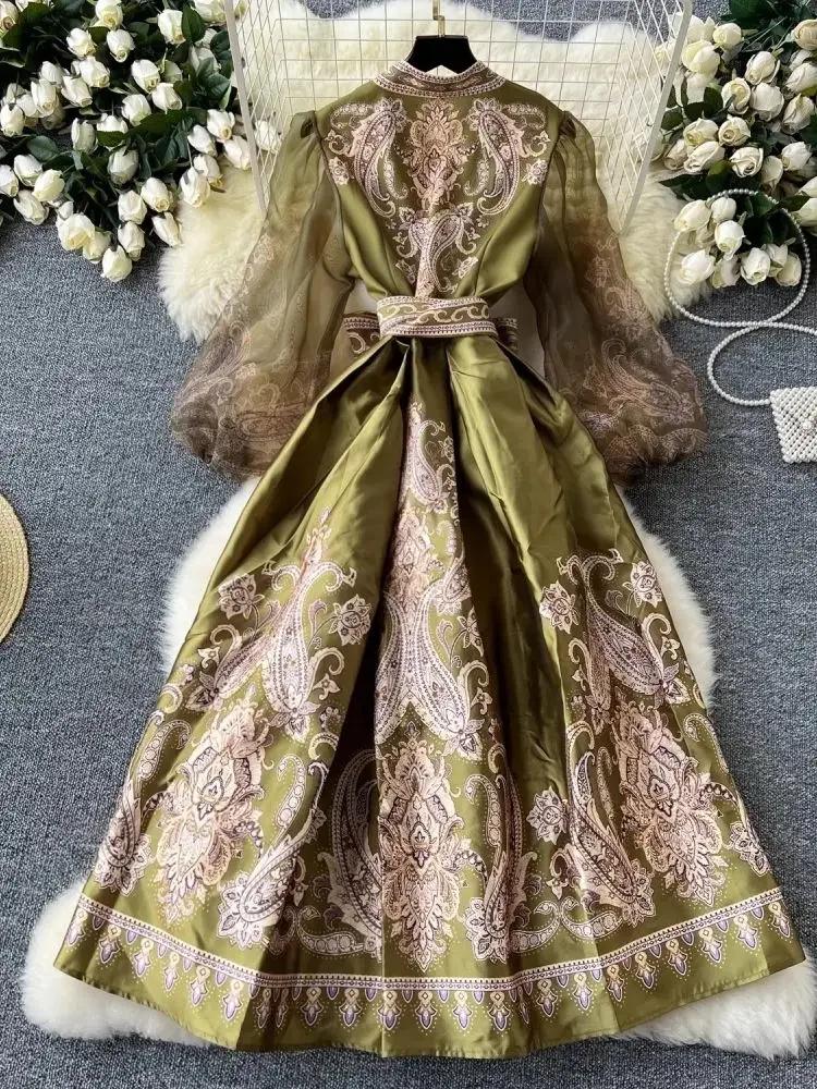 Herbst Paisley Print Bandage Wrap Abendkleid Frauen Laterne Ärmel Party Langes Kleid Weibliche Y2k Patchwork Dicken Satin Ballkleid