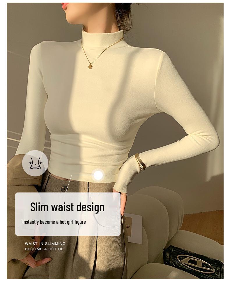 Women's Fleece-Lined Slim Fit Knit Top - Half High Neck Long Sleeve for Spring, Autumn, Winter 2024